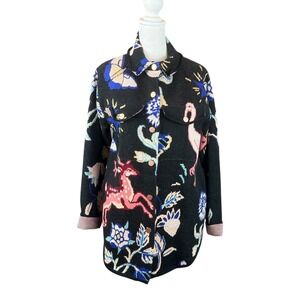 Anthropologie Sweater Jacket Small Deer Flamingo Floral Black Pockets Cardigan